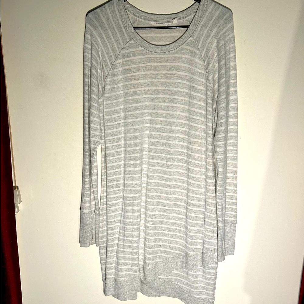 Athleta sweatshirt dress, size L, soft, cozy, grey and white striped,